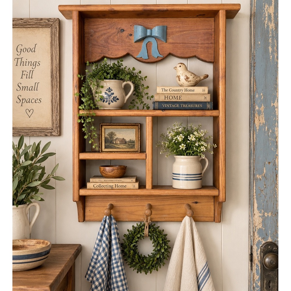 Vintage Rustic Pine Wood Wall Shelf Scalloped Blue Bow 3 Pegs Farmhouse Decor